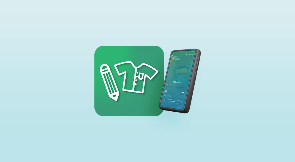 Desenho do símbolo do aplicativo duepay com um celular ao lado.